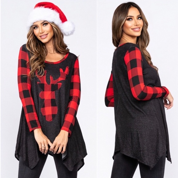 New! Clearance 🍇 USA MADE Buffalo plaid reindeer ultra soft holiday tunic top - Picture 2 of 2